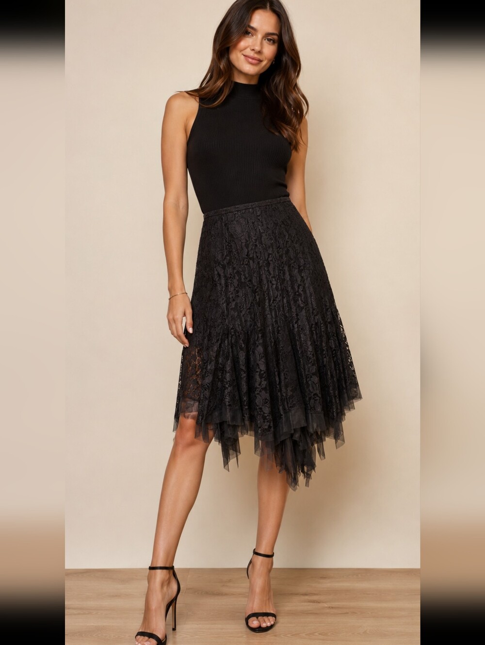 Simon Chang Brown Lace Size 6 Women's Skirt Asymetric Hem NEW #CB3
